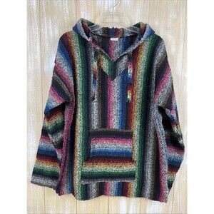 La Malinche Mexican Drug-Rug Baja Hoodie Poncho Sz L Stripe Black/Rainbow